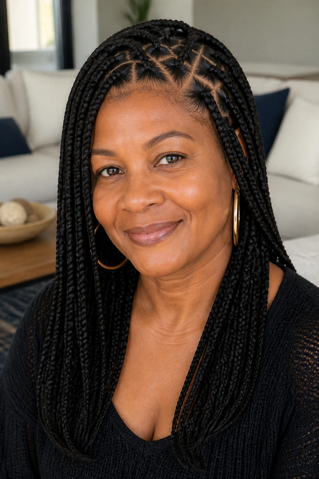 Close-up portrait of a woman with triangle-part box braids in natural light