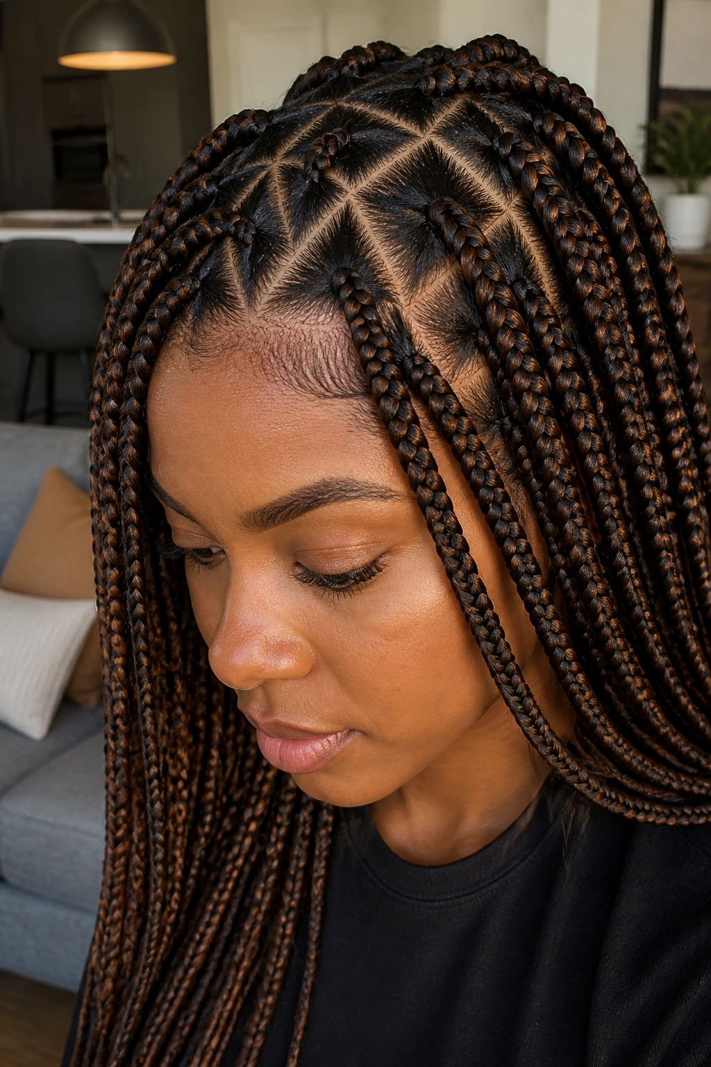 Real woman with triangle-part box braids and cinnamon depth