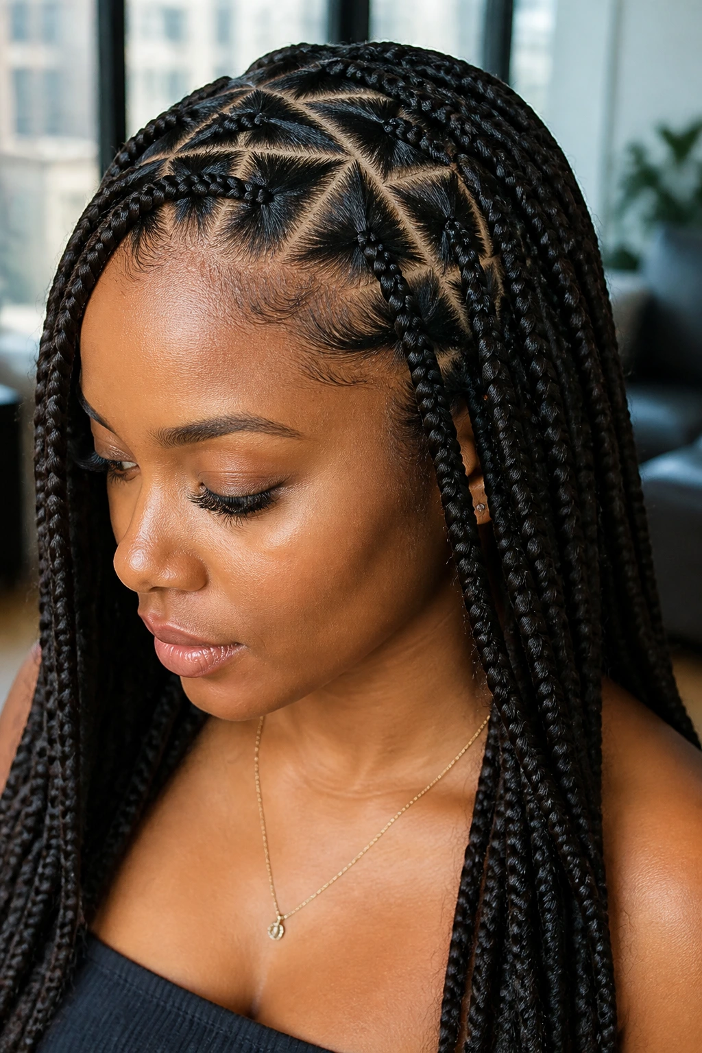 Real woman with triangle-part box braids in a sunlit urban apartment