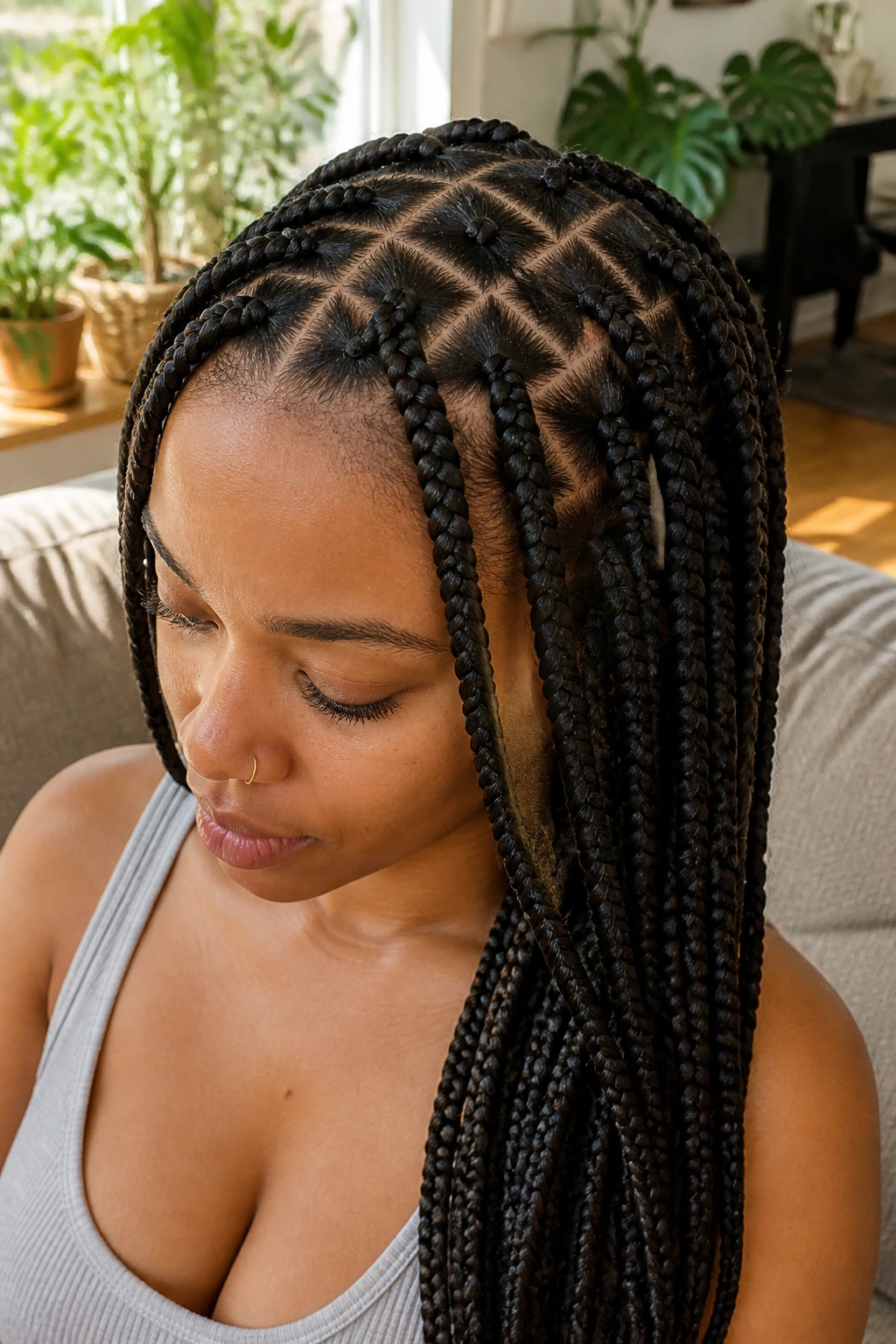 Close-up of triangle-part box braids on a real person