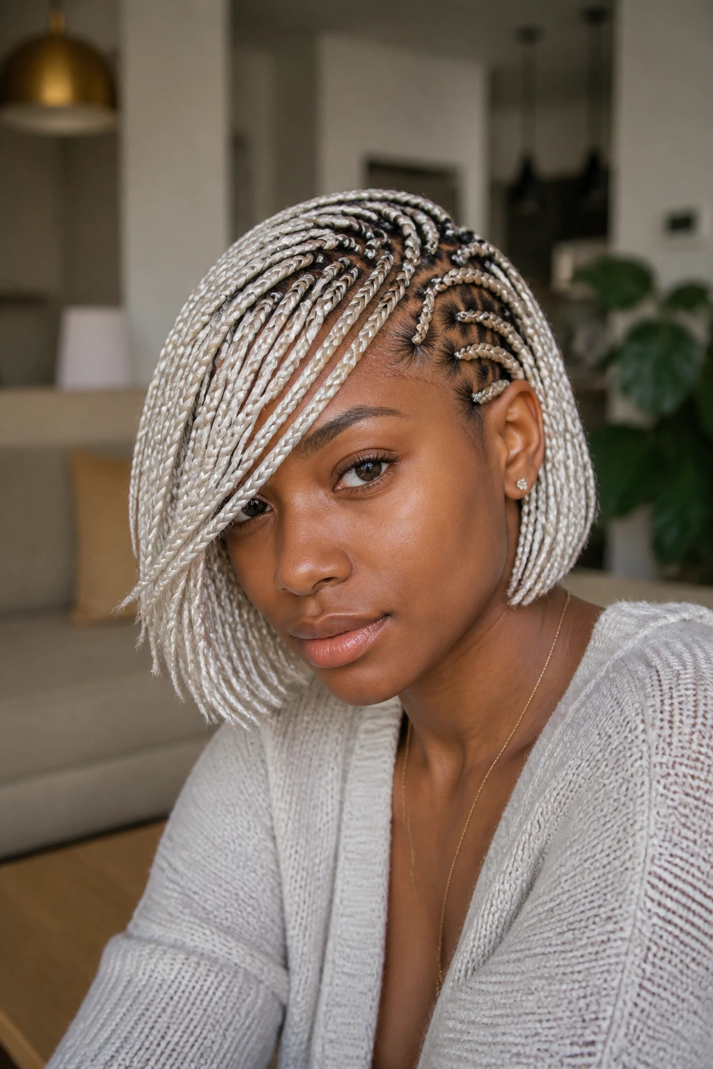 Real person with triangle-part box braids and a long swoop