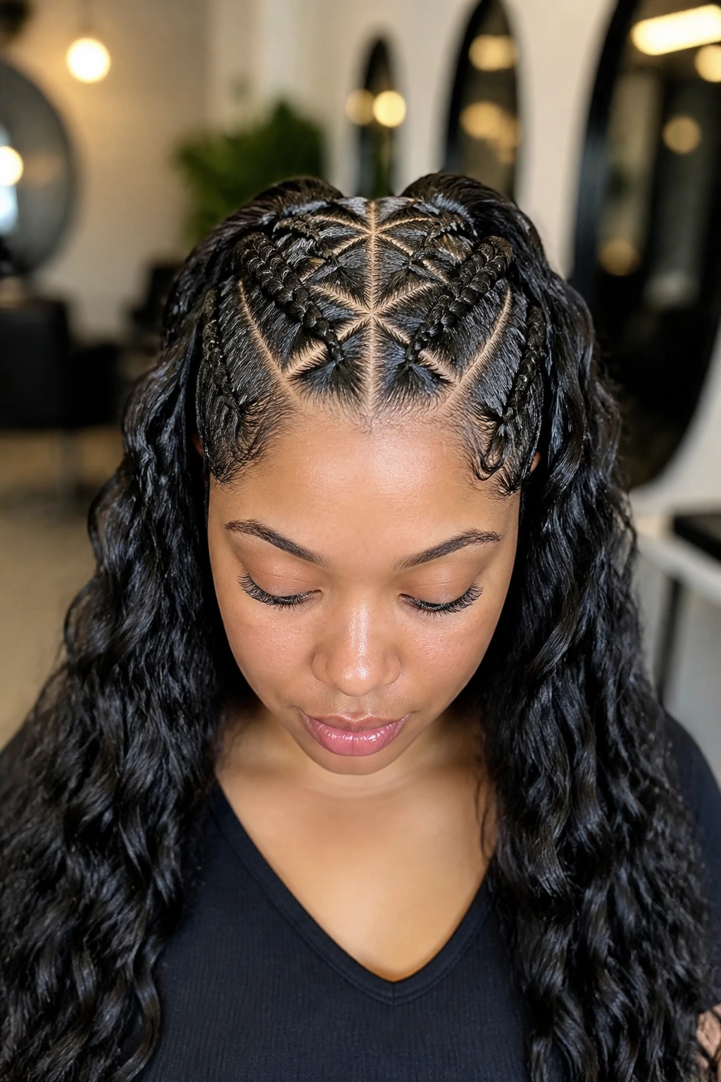 Close-up of triangle-part double Dutch braids on a real woman