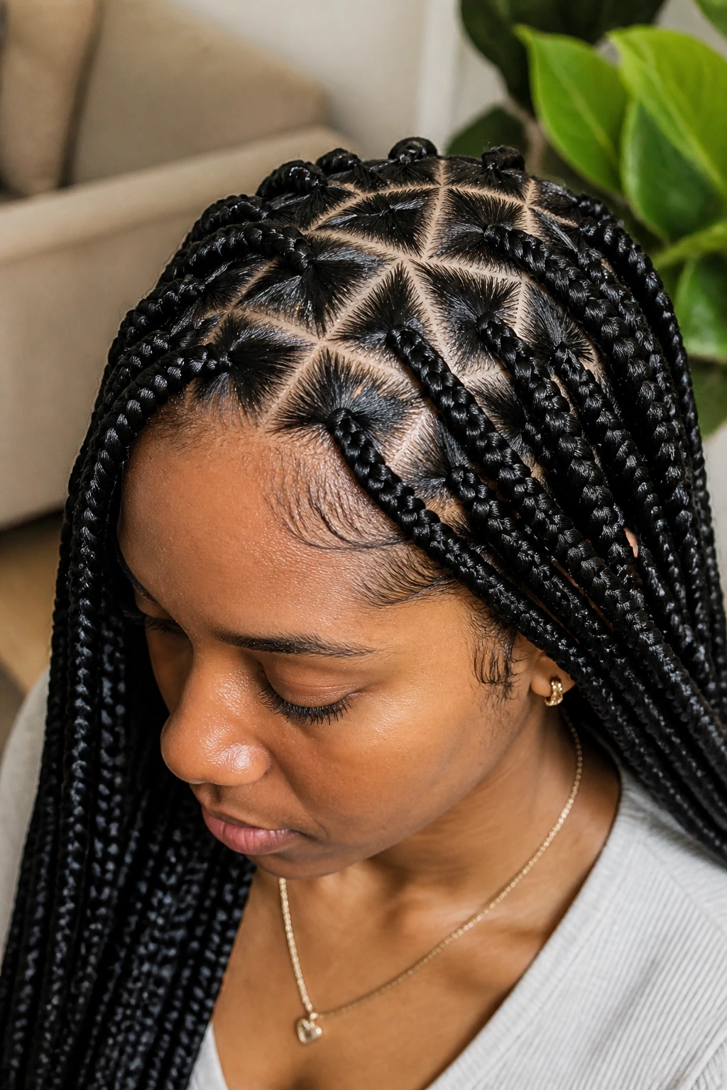 Close-up of triangle-part box braids on a real woman