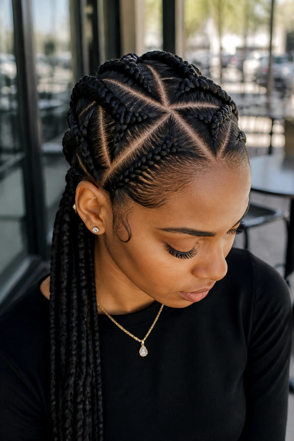 Close-up portrait showing triangle-part French braids with geometric scalp parts