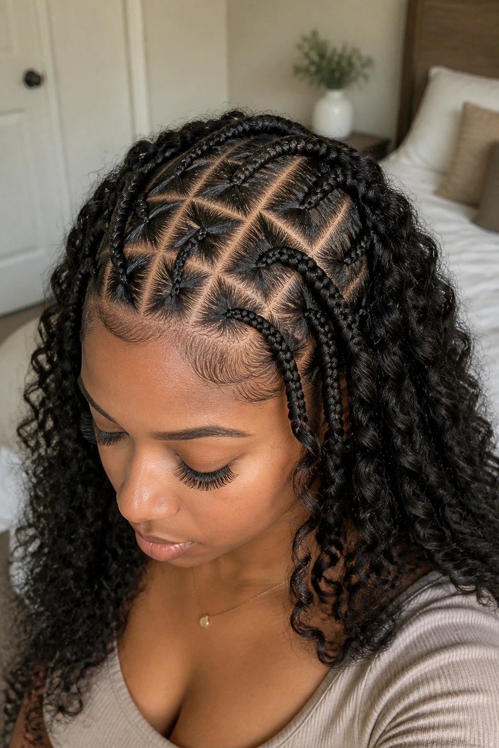 Close-up of triangle-part half braids with a clean grid on a real woman
