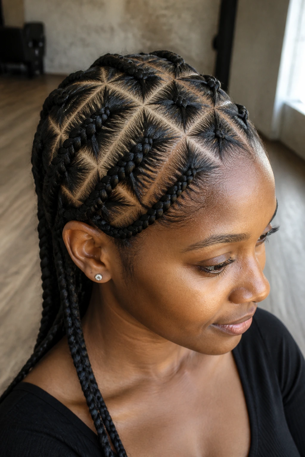 Close-up of a real woman with triangle-part Dutch braids forming a sharp grid in natural light