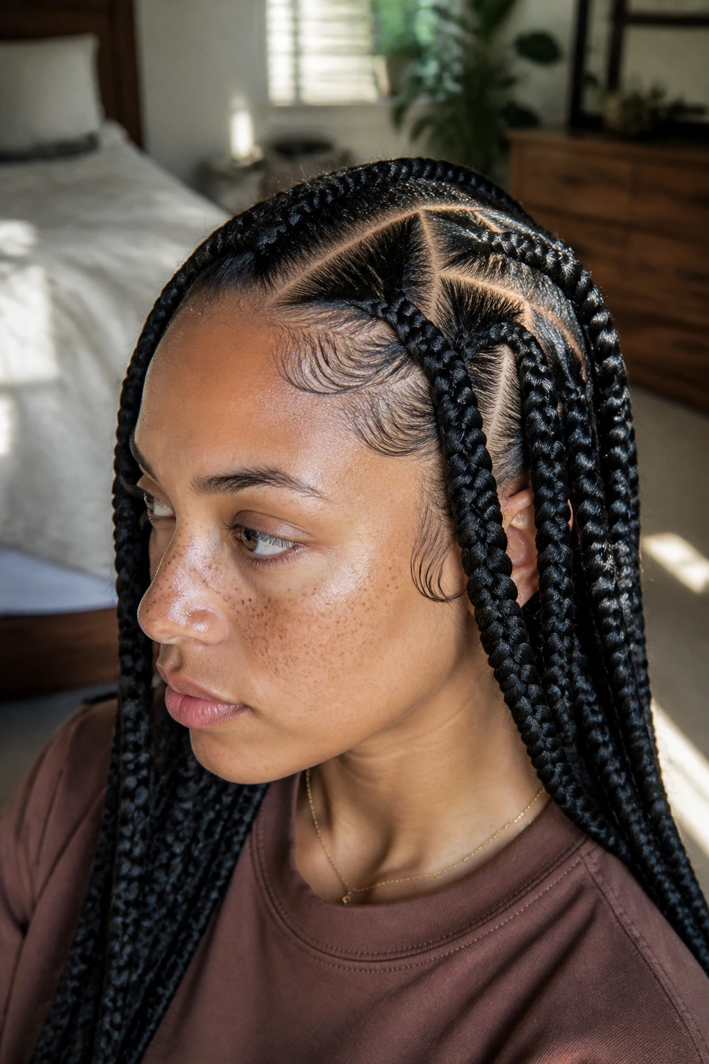 Close-up of a real person with triangle-part braids.