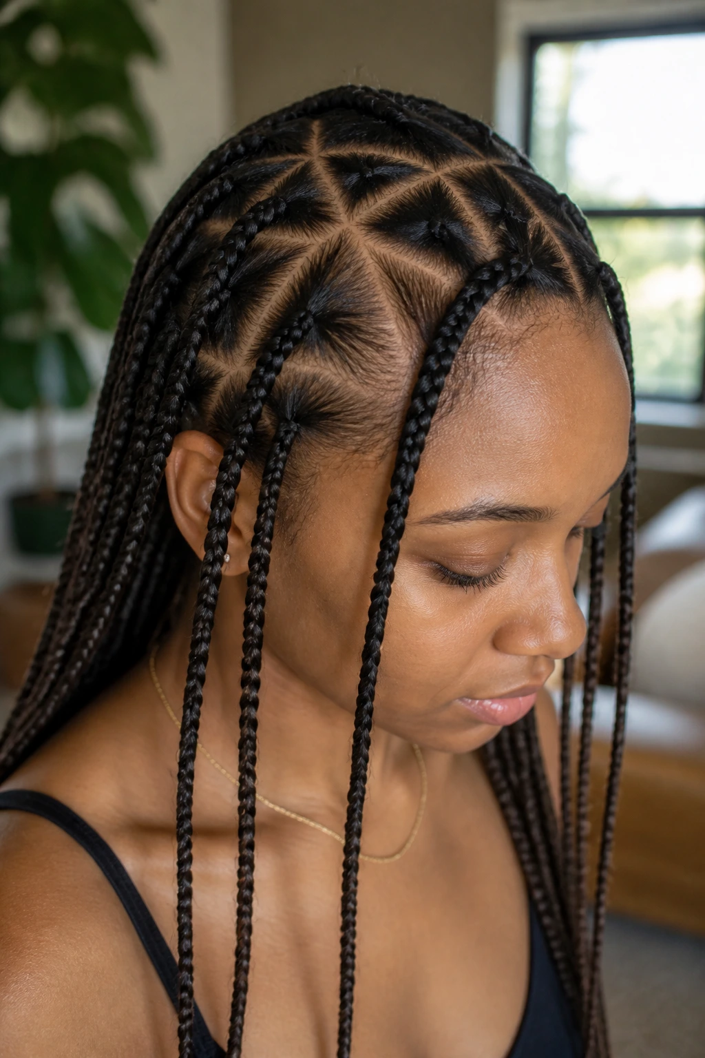 Close-up of triangle-part braids on a real woman