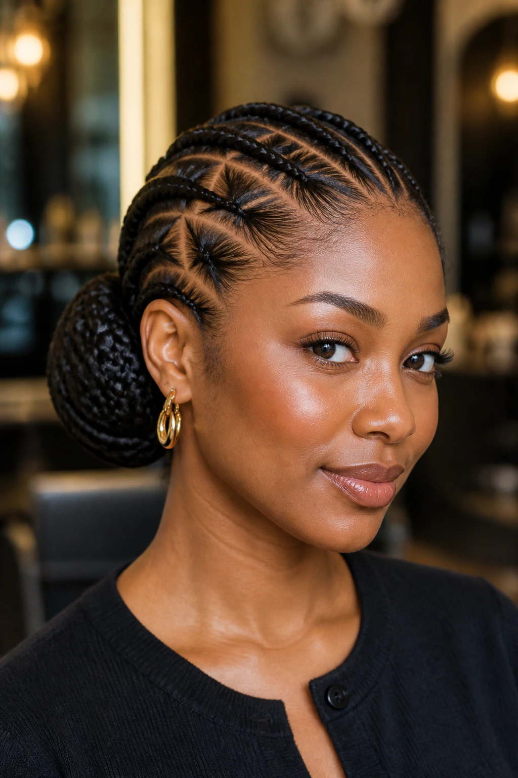 Close-up portrait of a real woman showing triangle-part braids rolled into a sleek side roll near the ear