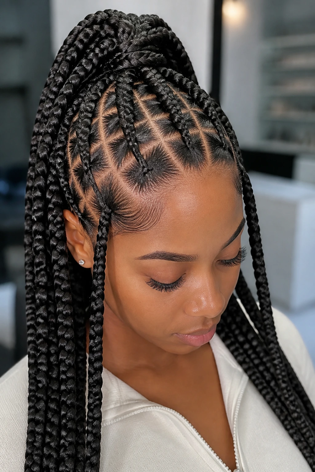 Close-up of a woman’s crown area with triangle-part braids and slim front corners.