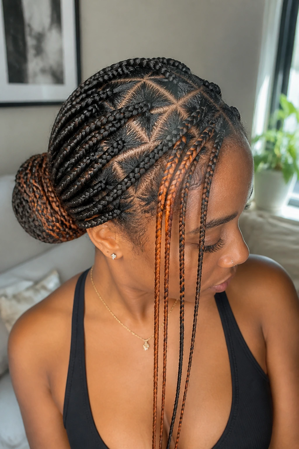 Real woman with a triangle-part low bun and copper-toned money pieces.
