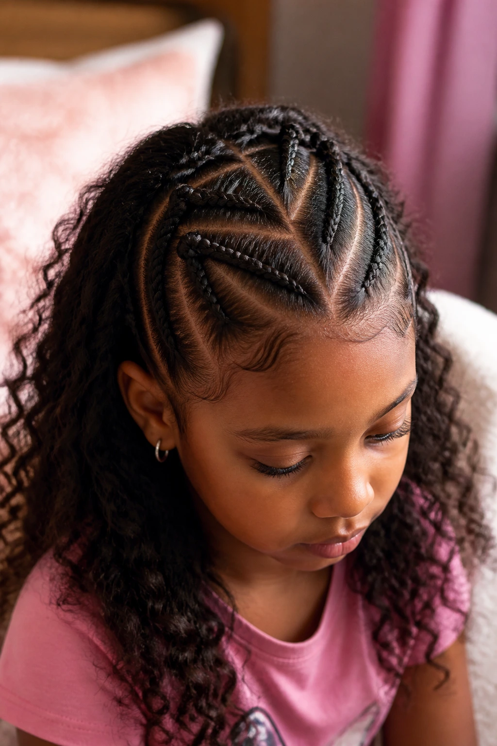 Girl with triangle-part half cornrows in warm indoor lighting