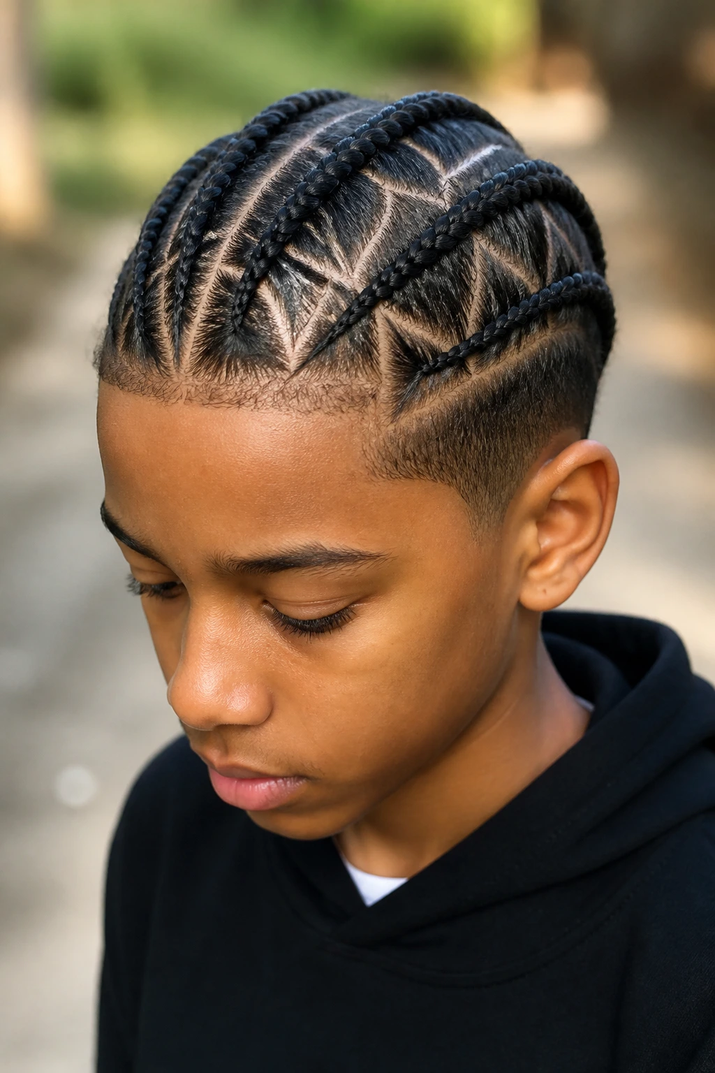 Close-up of a real boy's head with triangle-part cornrows