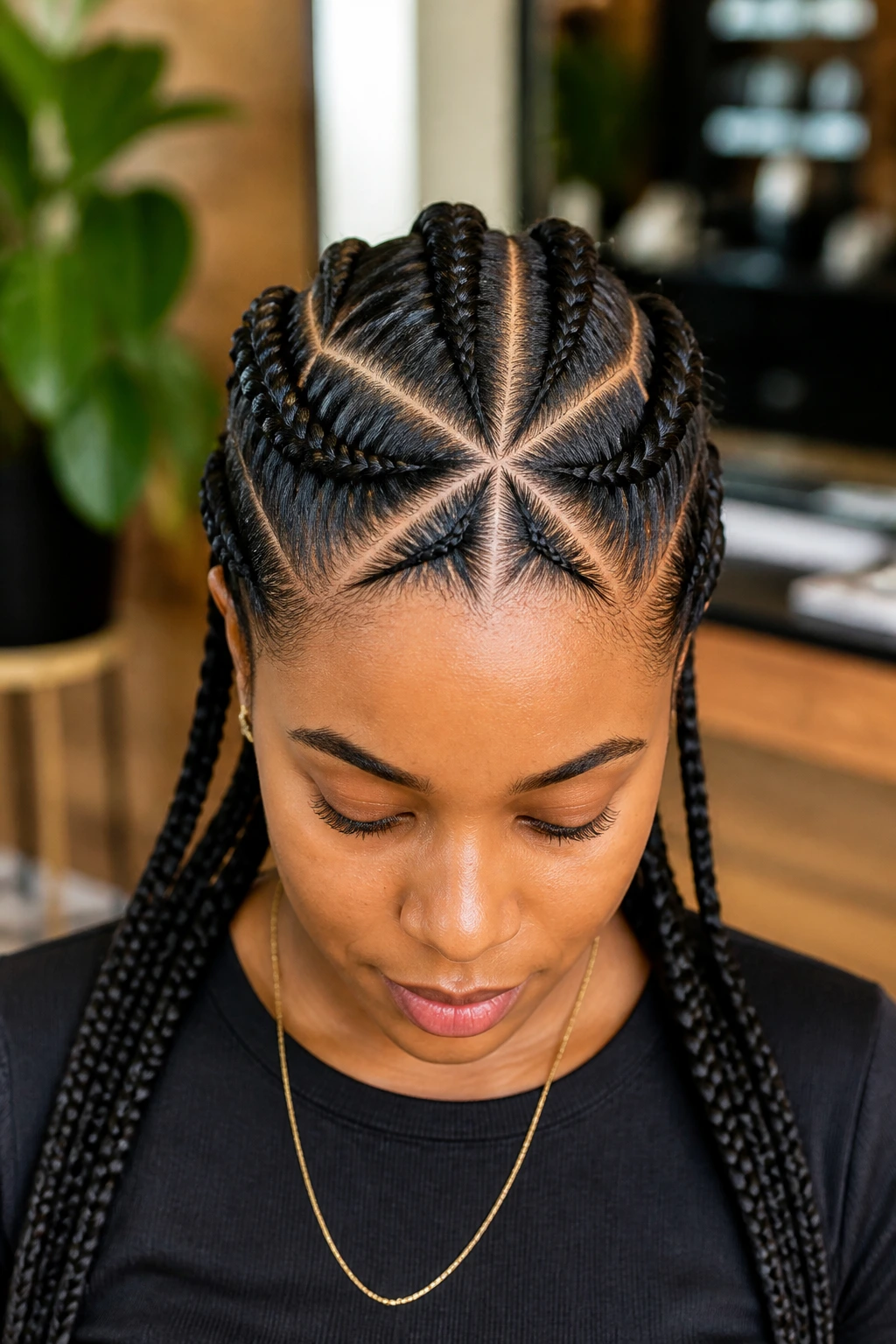 Close-up of a real person with triangle-part Dutch braids showing crisp scalp lines.