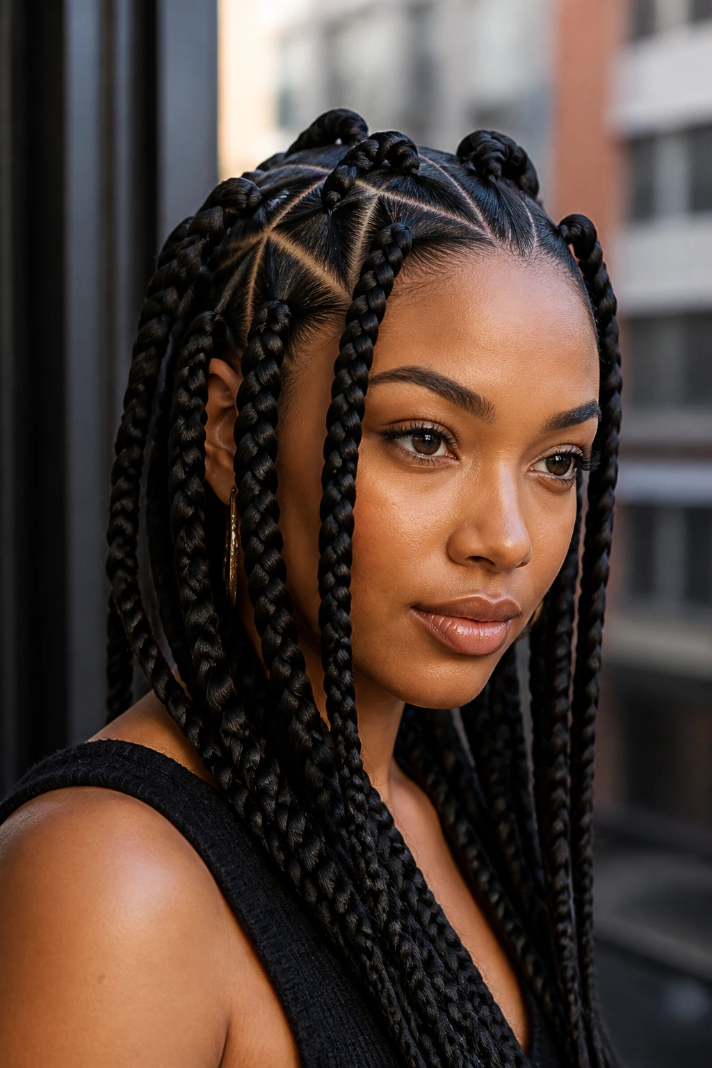 Real woman with triangle-part jumbo braids