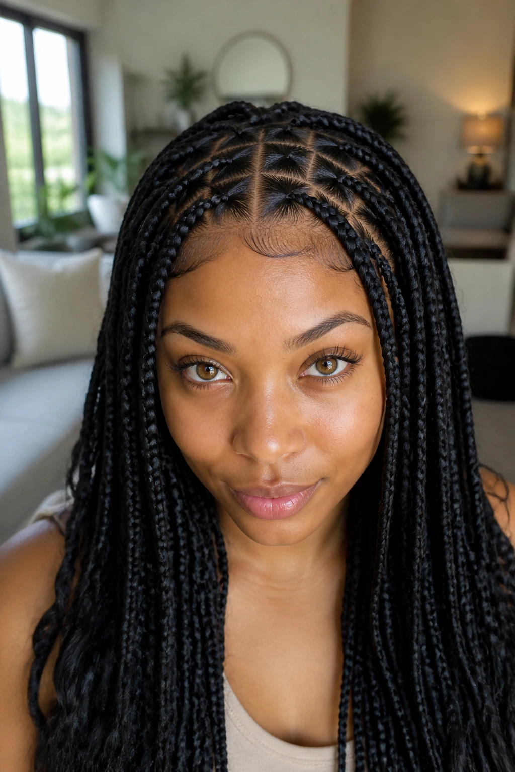 Real woman with knotless braids in triangle-part design under natural light