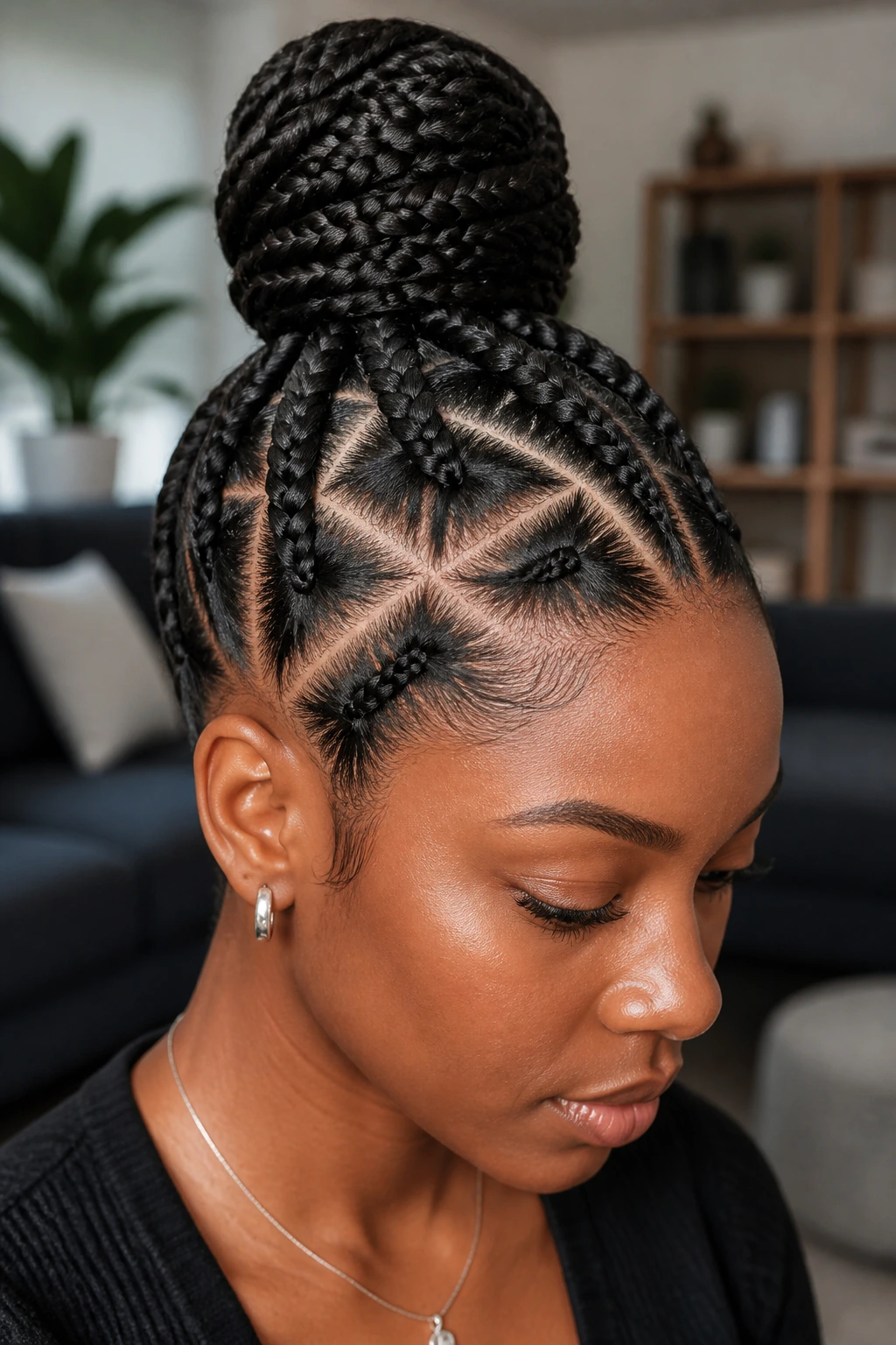 Close-up of a real person with triangle-part knotless braided bun