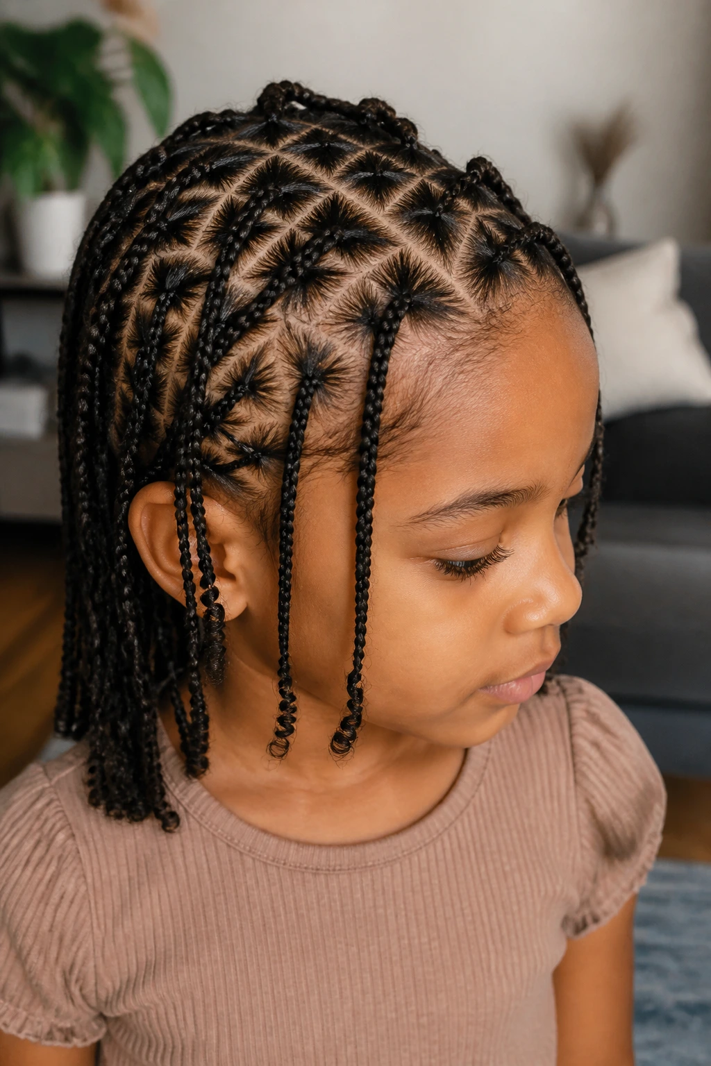 Young girl with triangle-part mini braids, portrait in a home setting.