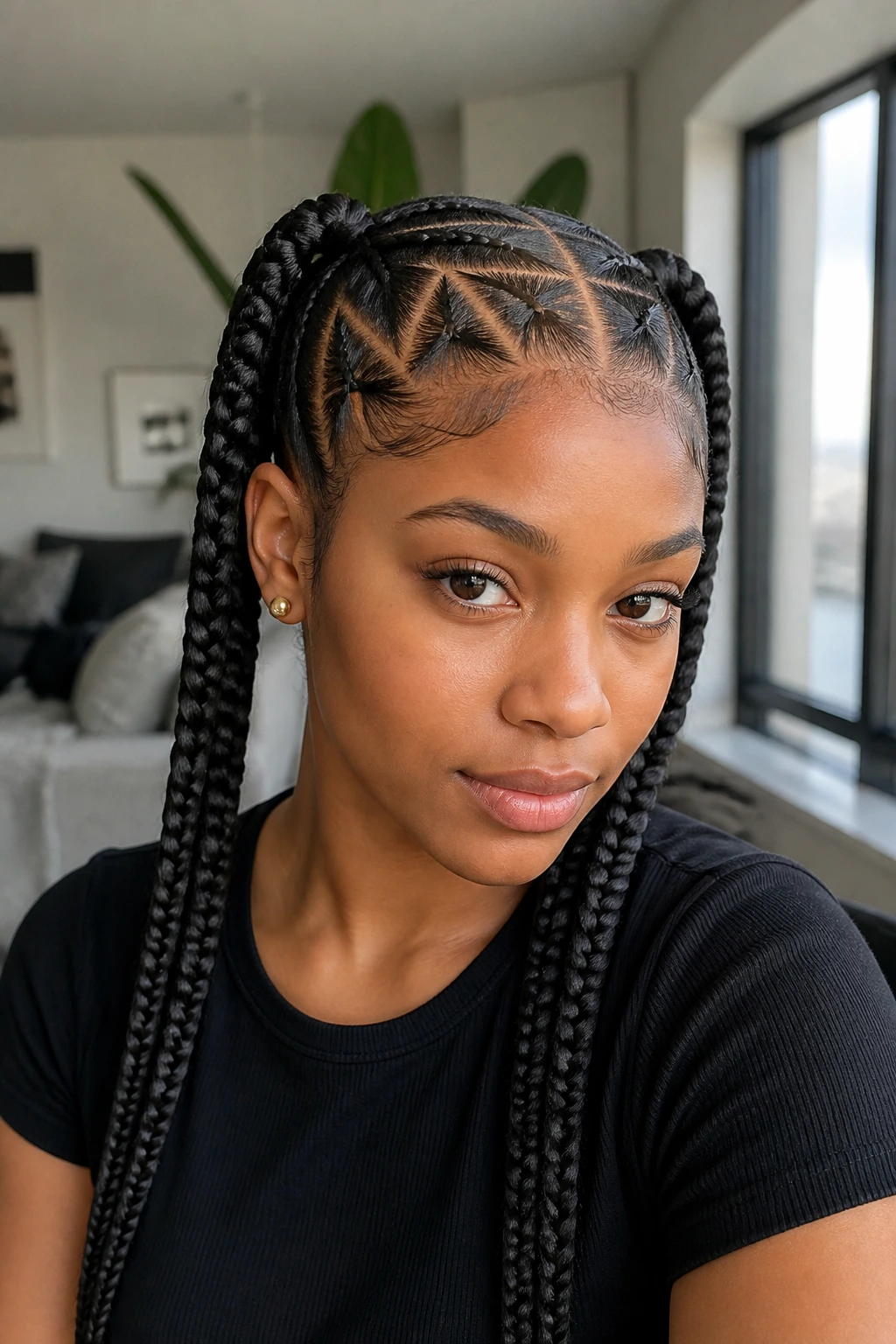 Close-up portrait of triangle-part pigtail braids on a real woman