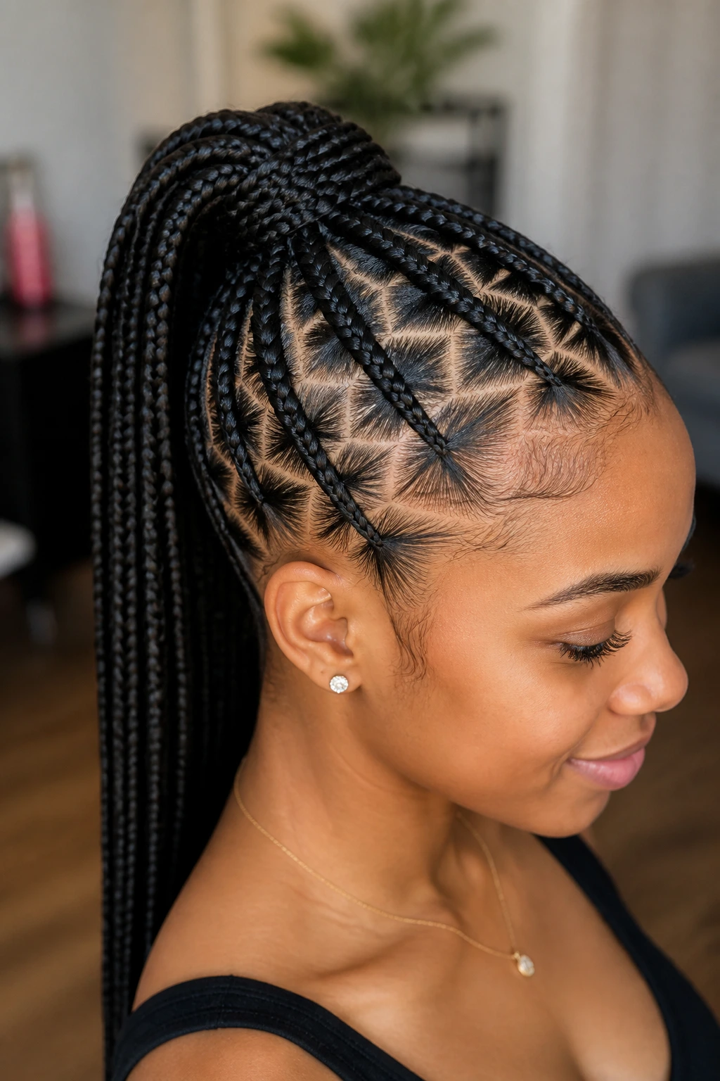 Real woman with triangle-part ponytail in soft light