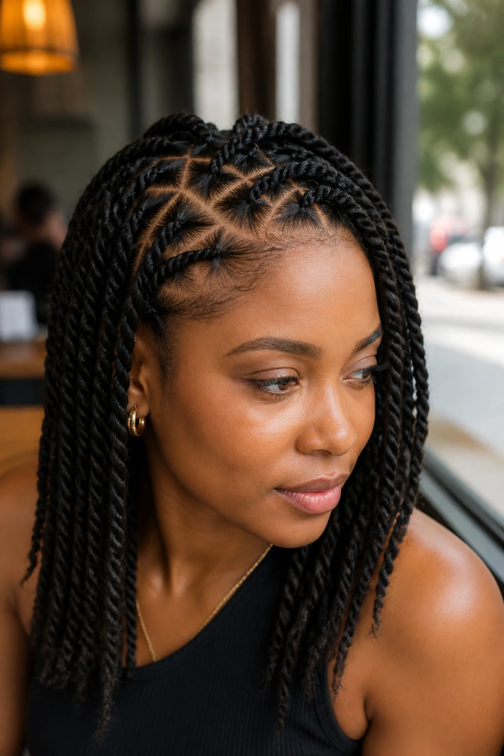 Portrait of a real woman with triangle-part twists in a cafe setting.