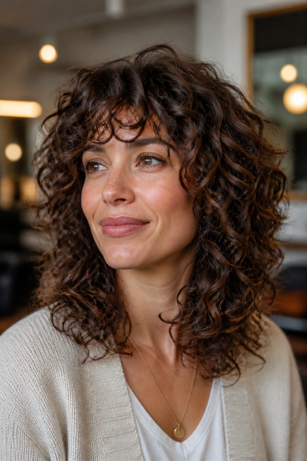 Portrait of a real woman with triangle-softening layered curls in warm salon light