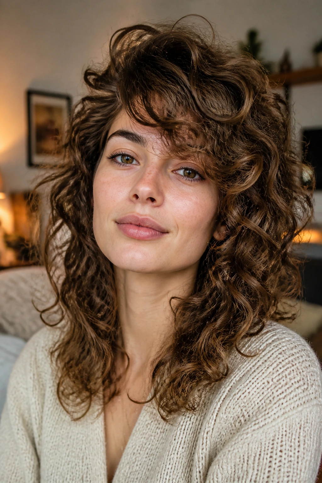 Close-up of a real person with triangle-softening layered shag and side-swept bangs.