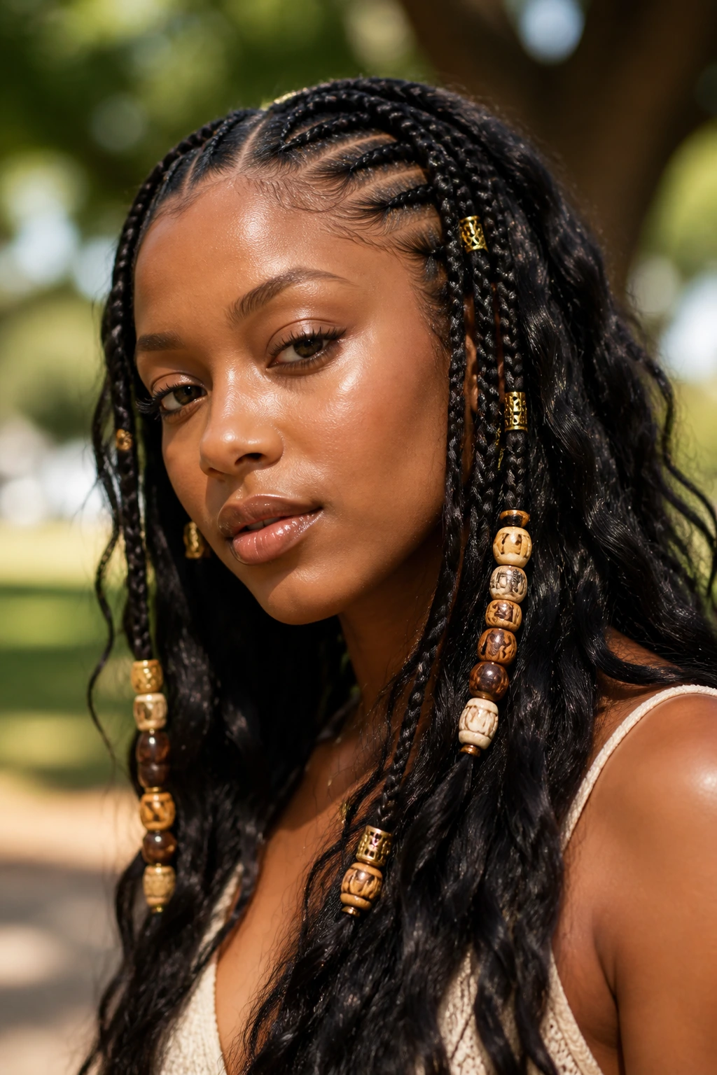 Close-up of tribal braids with beads on a real woman with wavy black hair.