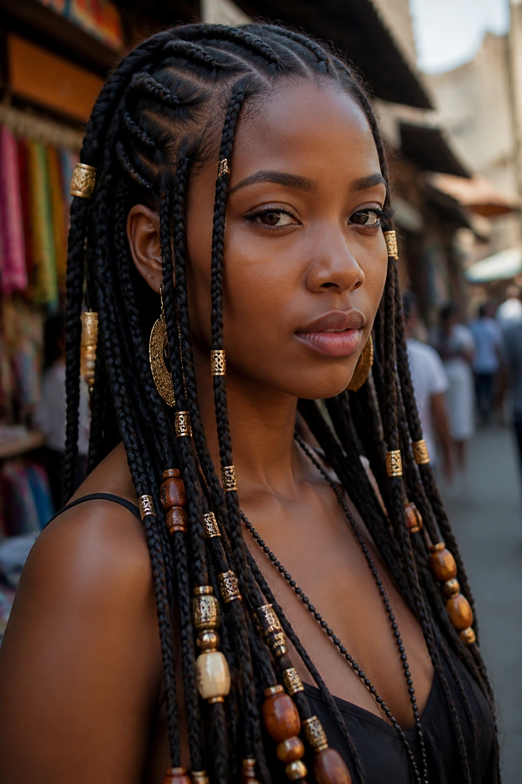 Portrait of a real person with tribal braids beads and cuffs