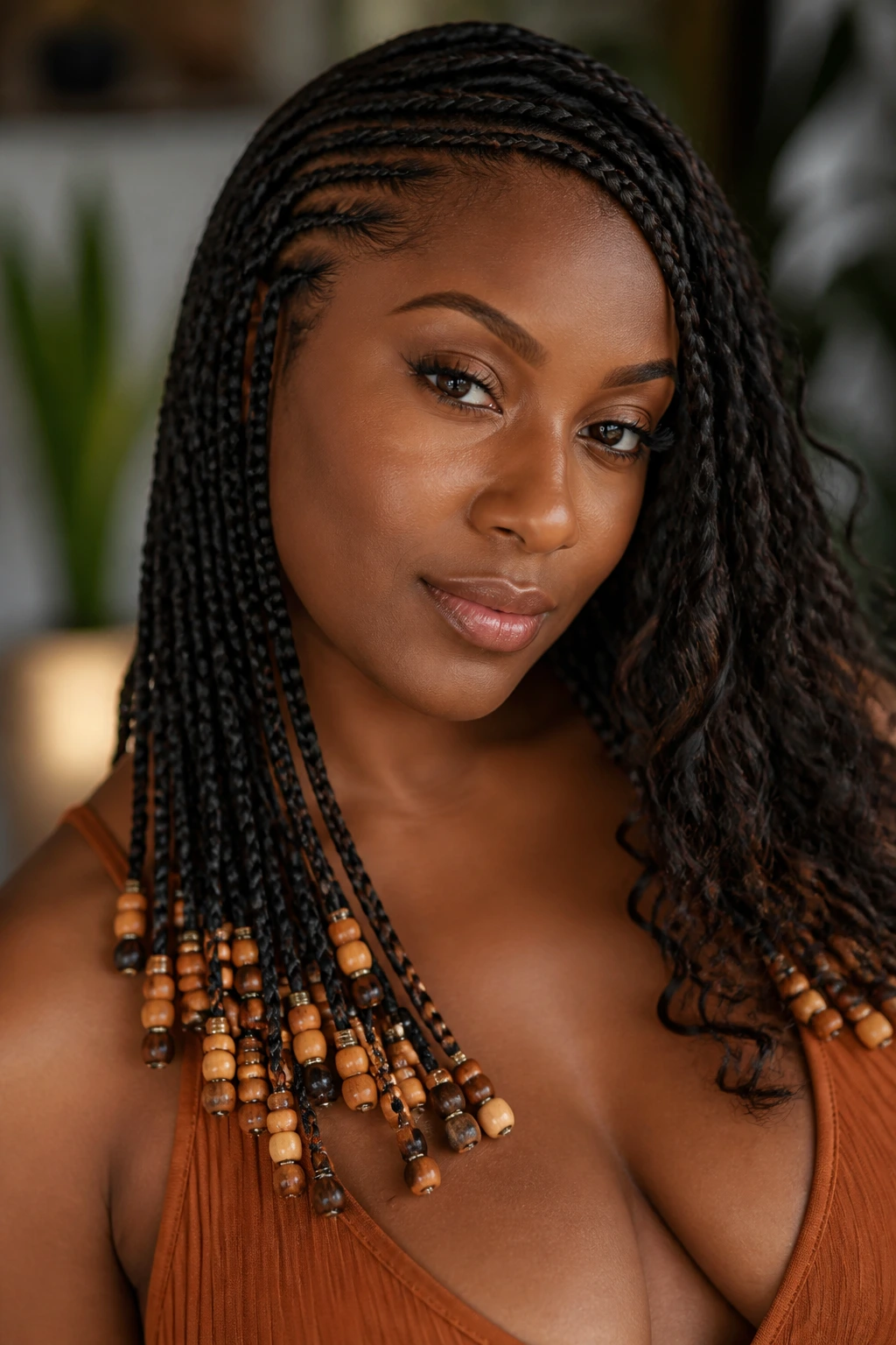 Close-up portrait of a woman with tribal braids and beaded ends over one shoulder