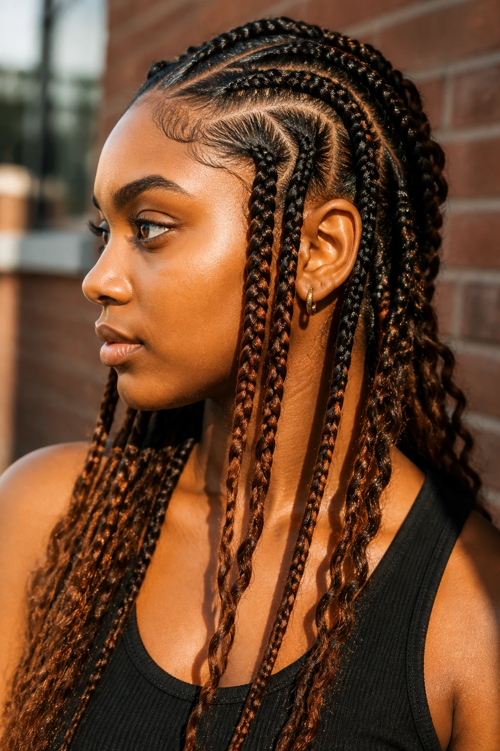 Close-up of tribal braids with rich brown contrast on a real person outdoors in golden hour light