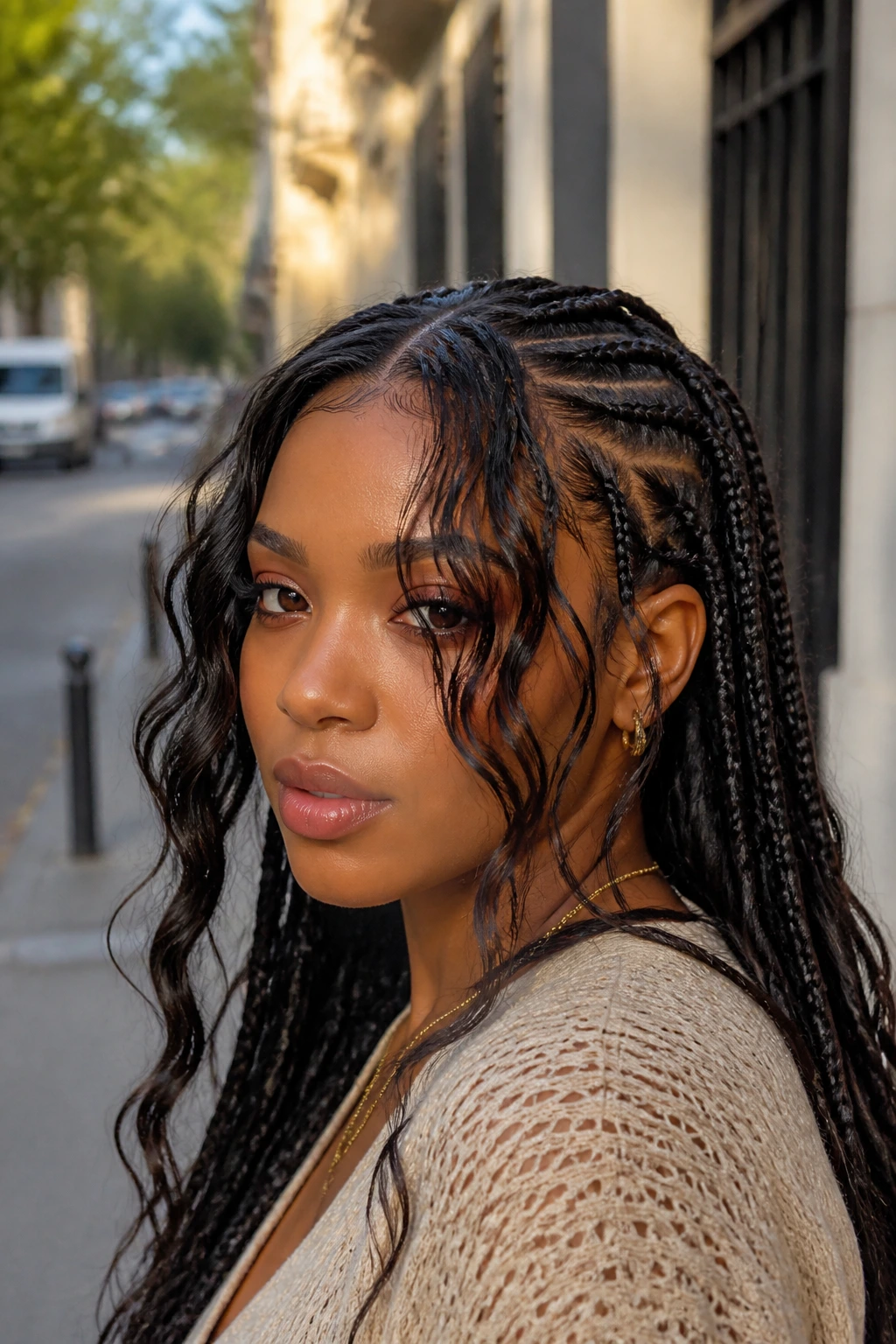 Real person with tribal braids and long wavy curtain bangs outdoors