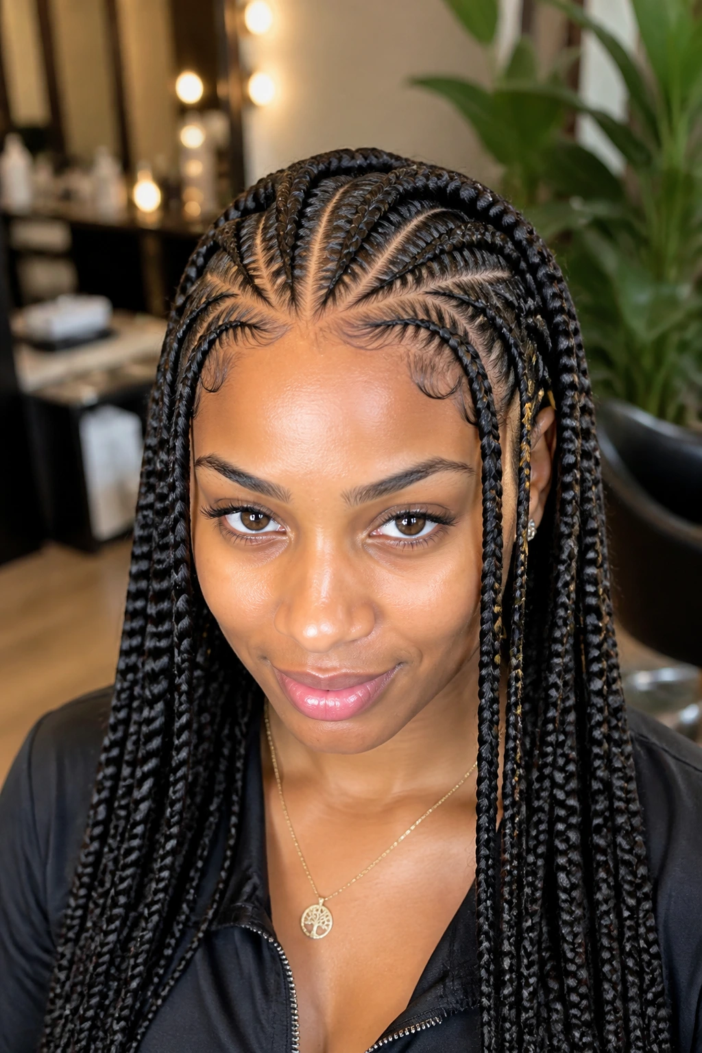 Close-up of a real woman with tribal braids and mixed cornrow patterns
