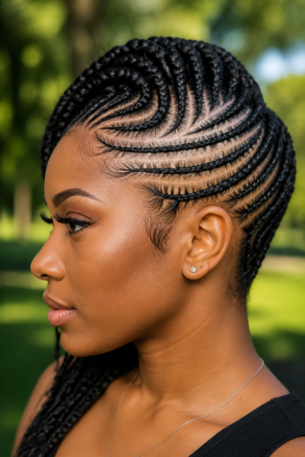 Close-up portrait of a real woman with side-swept tribal-style braids showing diagonal scalp pattern in natural daylight