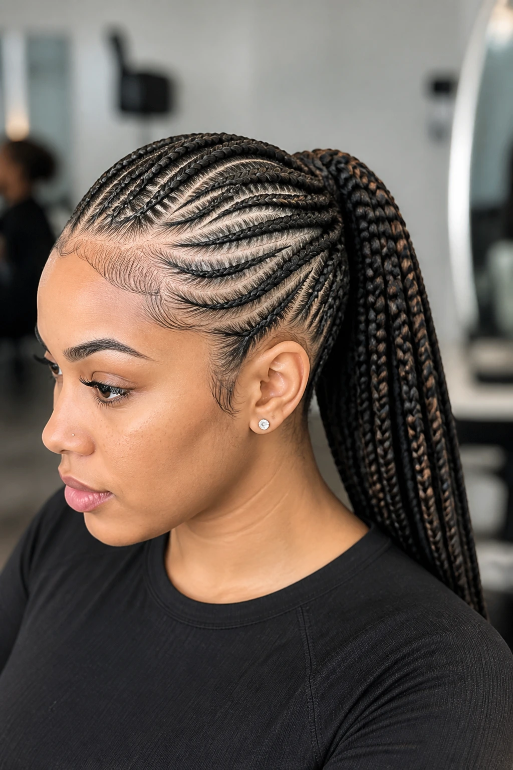 Close-up of a real woman with tribal feed-in braids into a ponytail