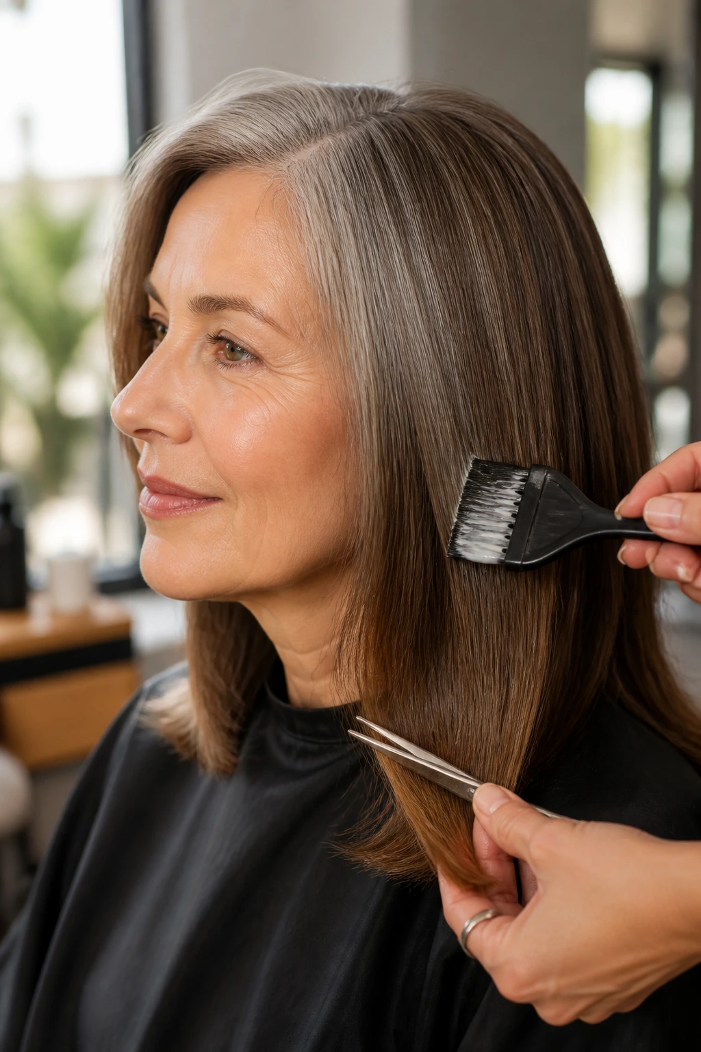 Close-up of a real person’s hair being trimmed and glossed in a salon with warm window light