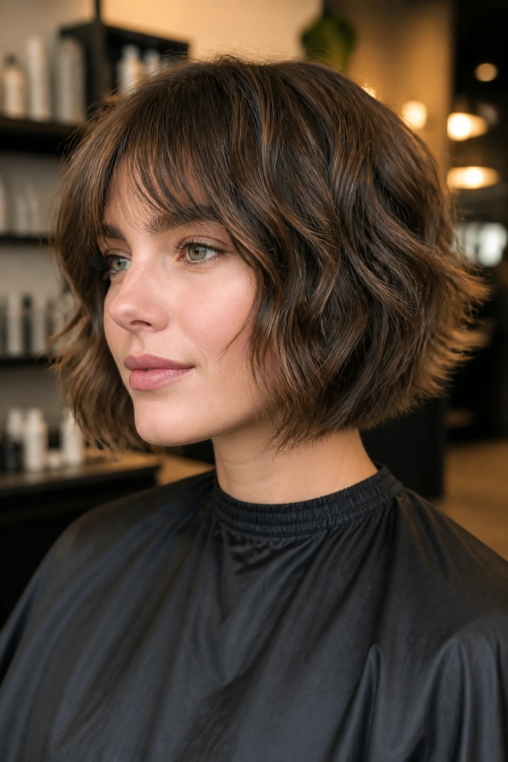 Close-up portrait of a real woman in a salon chair with a trimmed jaw-length choppy bob