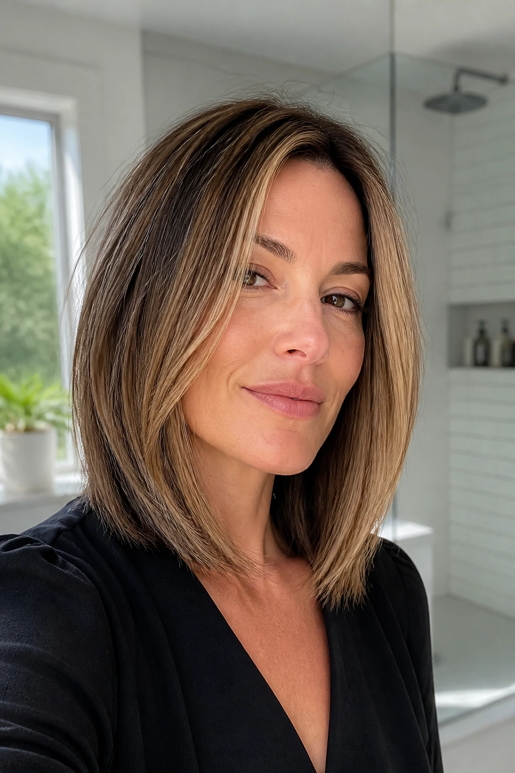 Close-up of real woman with refreshed long layered bob after a trim