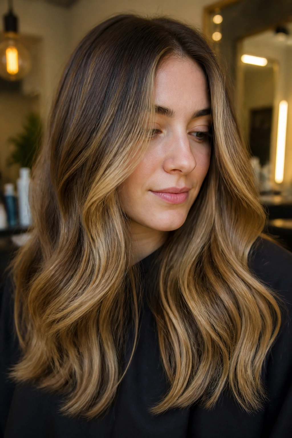 Close-up of a real person with fresh trim and babylights in a salon.