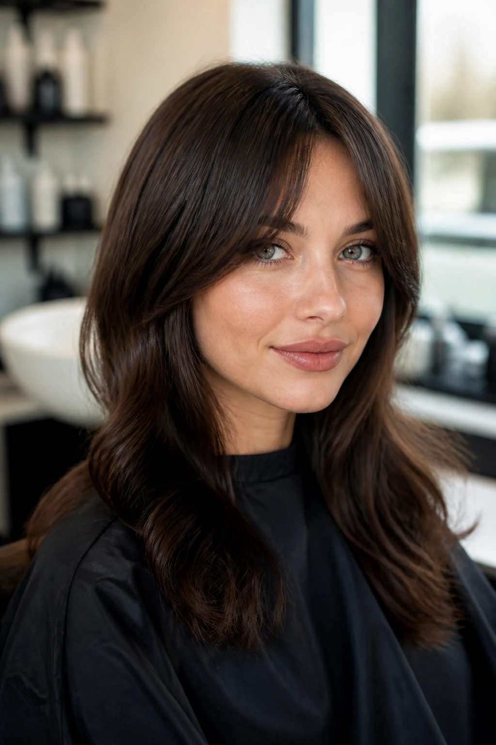 Close-up of a real woman's face with crisp trimmed curtain bangs in bright bathroom light