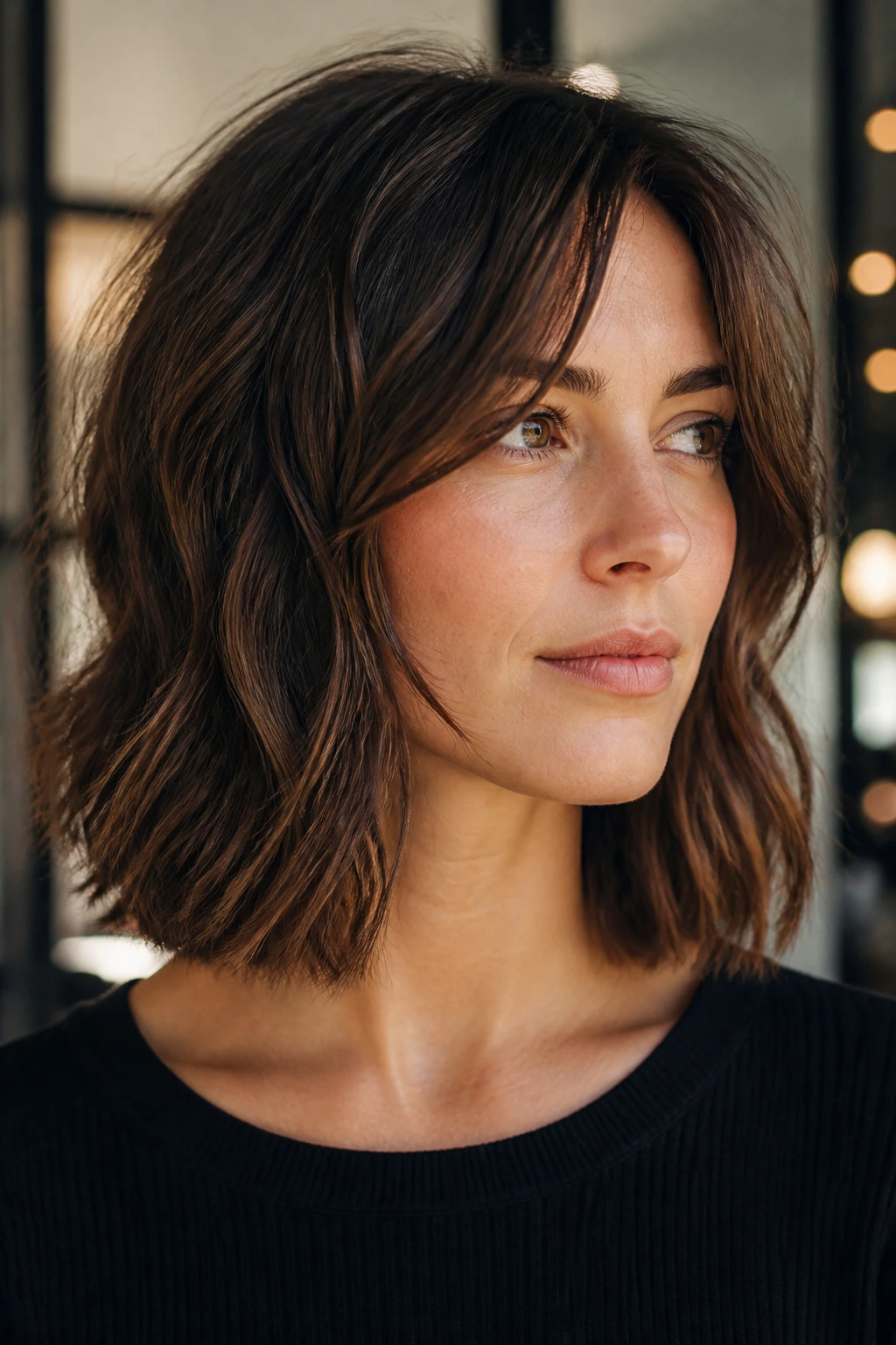 Close-up of a woman with a blunt, well-trimmed shape