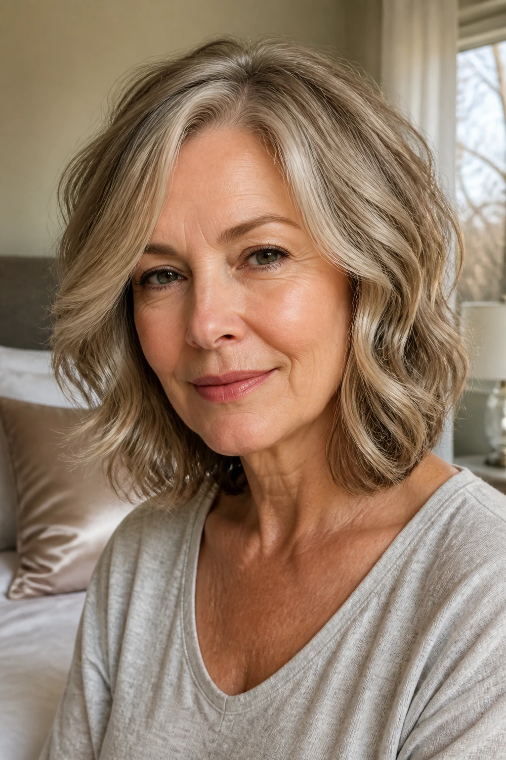 Close-up portrait of a woman with a neatly trimmed wavy lob in a cozy bedroom