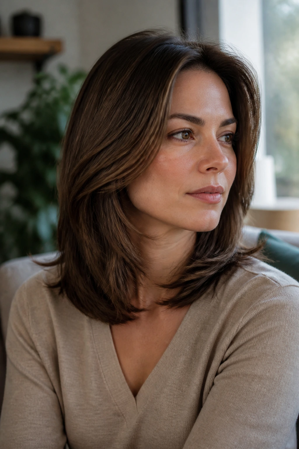 Woman with layered haircut trimmed to maintain shape in a cozy setting
