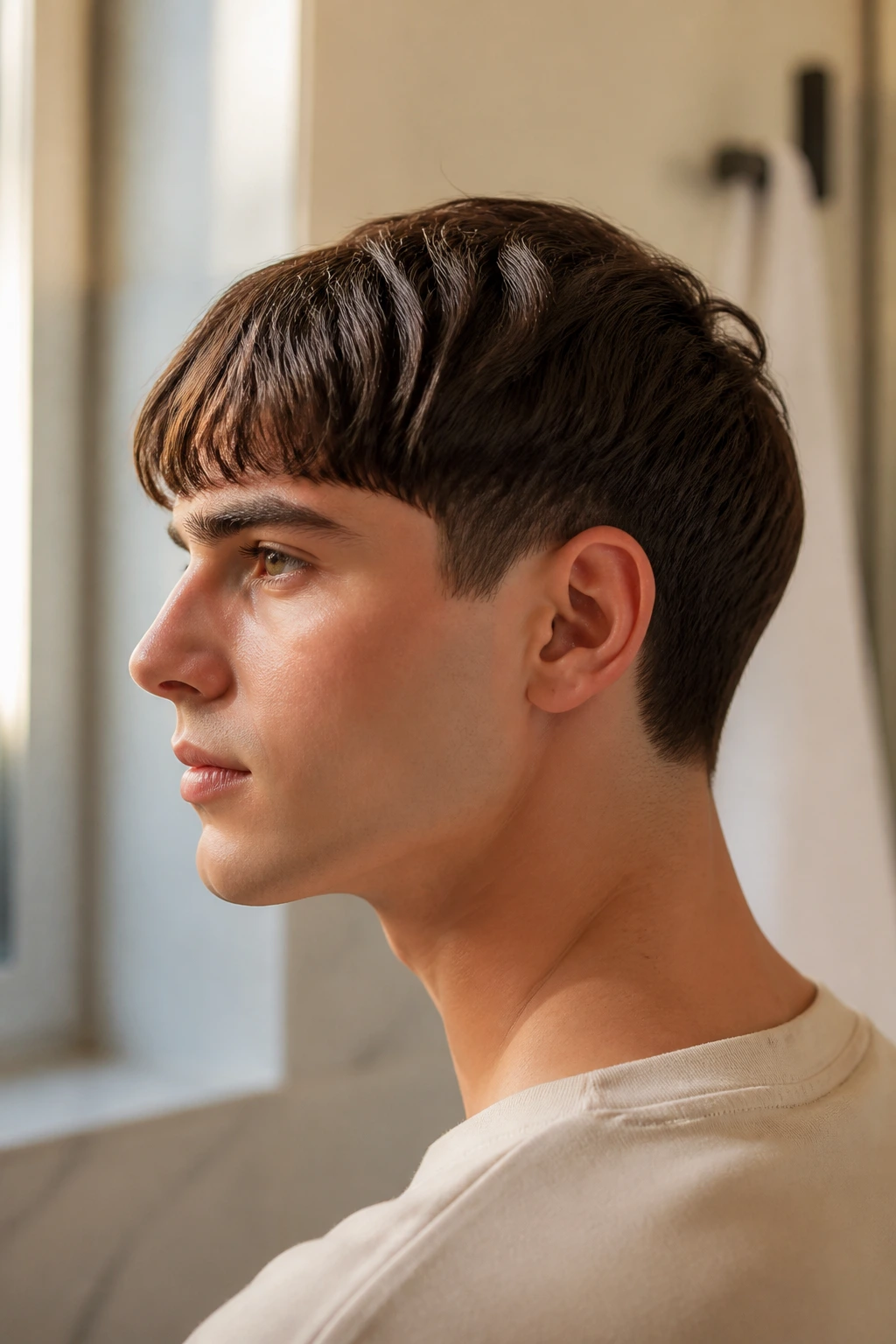 Real man with trimmed fringe and clean nape illustrating trims and maintenance rhythm