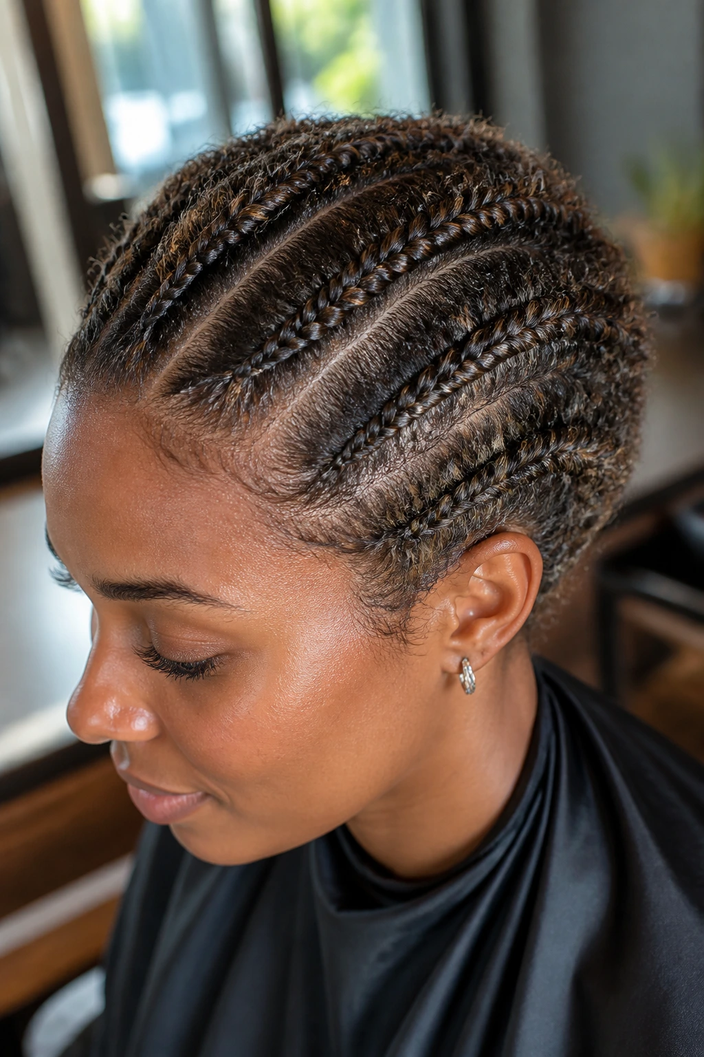 Close-up of three thin Dutch braids on short natural hair with babylights