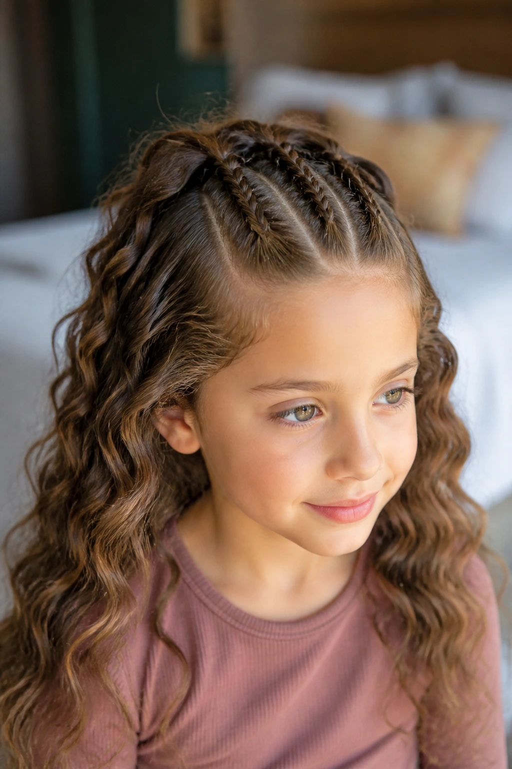 Child with three mini Dutch braids forming a center hawk