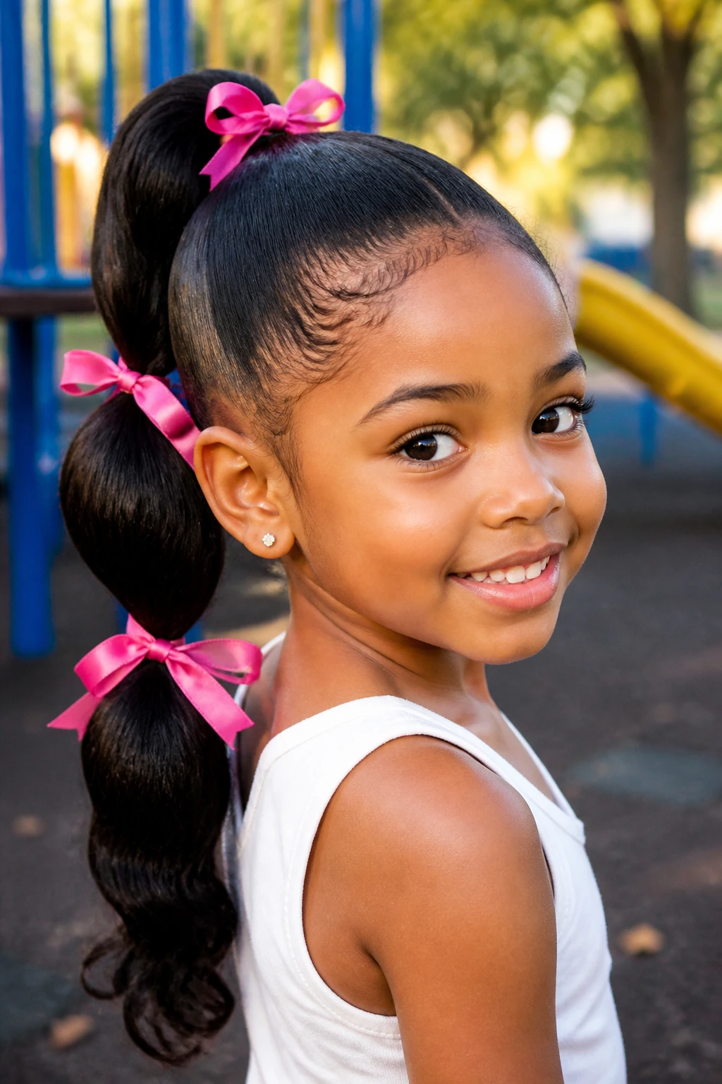 Close-up of a real child with three ponytails tied with satin ribbons