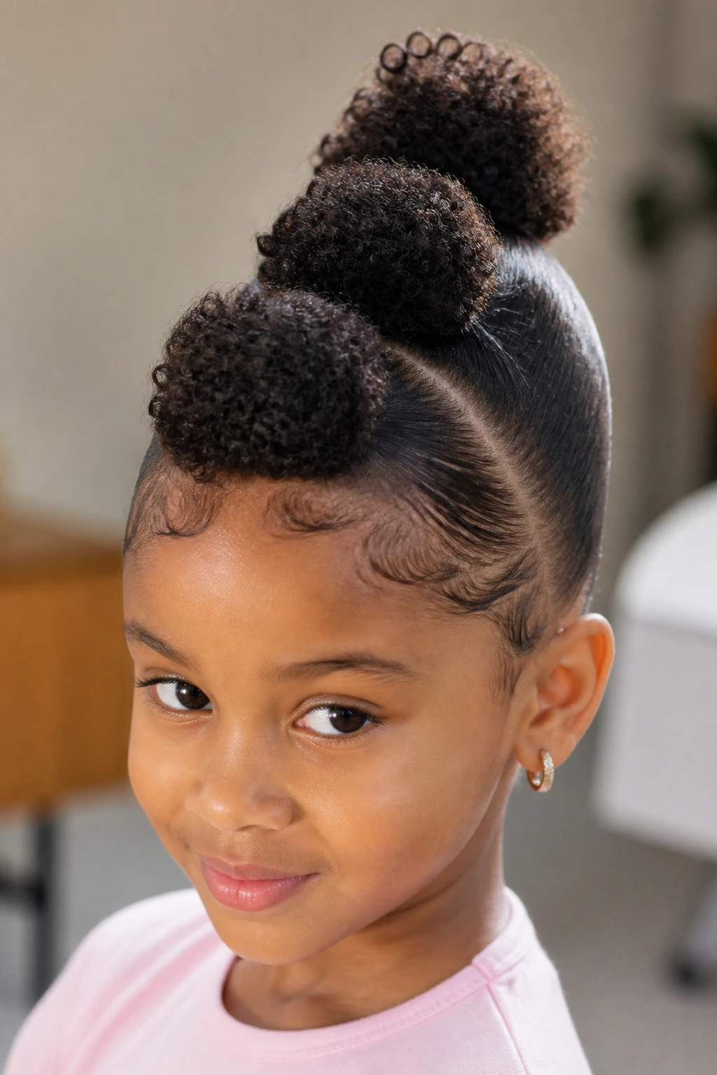 Portrait of a girl with a triple puff mohawk hairstyle, center row of puffs
