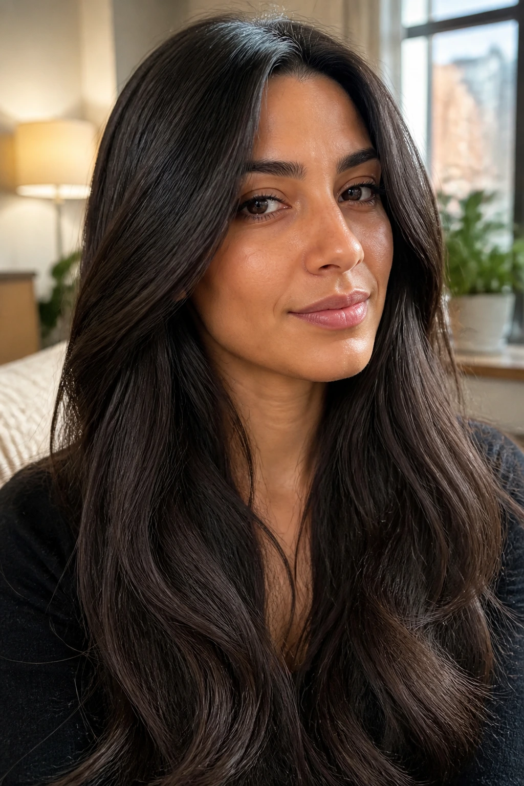 Close-up portrait of a real person with truffle brown hair in natural window light.