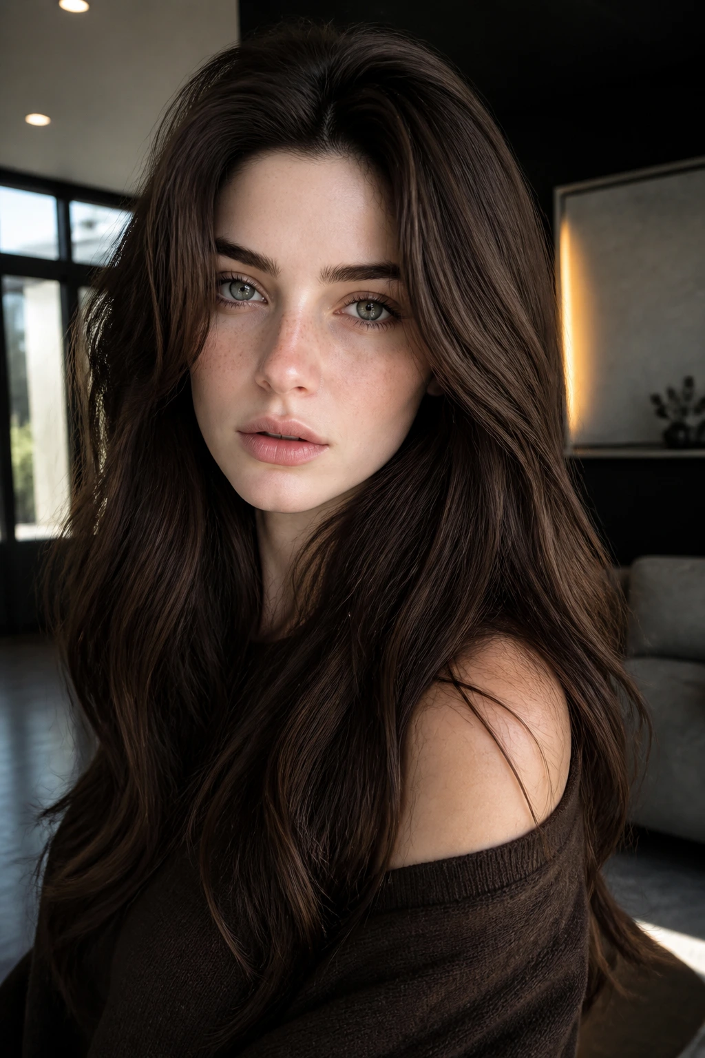 Close-up portrait of a real woman with truffle brown hair